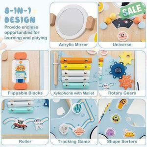 Wooden Baby Walker Push and Pull Learning Activity Center with Wheels for Toddlers 1+ Years Old-Blue