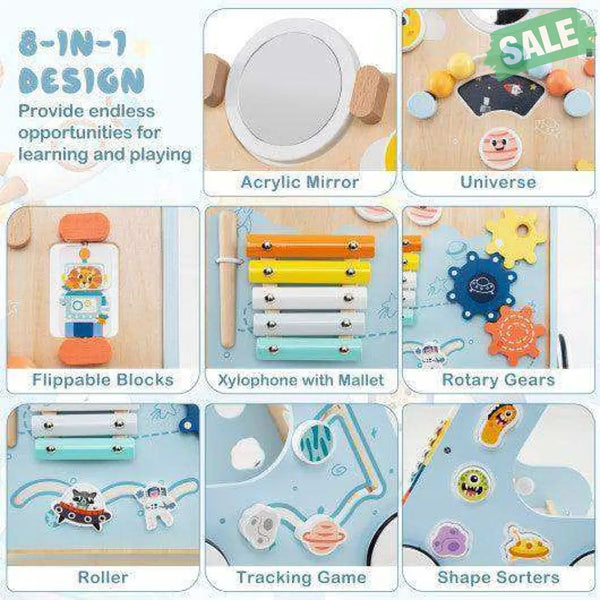 Wooden Baby Walker Push and Pull Learning Activity Center with Wheels for Toddlers 1+ Years Old-Blue