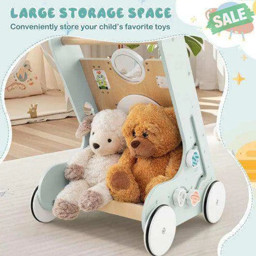 Wooden Baby Walker Push and Pull Learning Activity Center with Wheels for Toddlers 1+ Years Old-Green