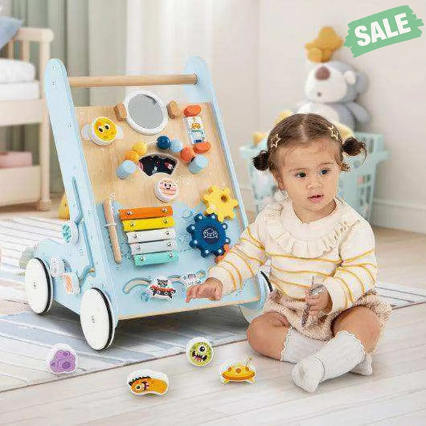 Wooden Baby Walker Push and Pull Learning Activity Center with Wheels for Toddlers 1+ Years Old-Blue