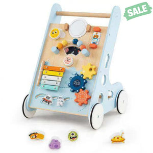 Wooden Baby Walker Push and Pull Learning Activity Center with Wheels for Toddlers 1+ Years Old-Blue