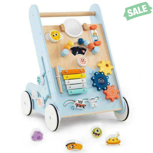 Wooden Baby Walker Push and Pull Learning Activity Center with Wheels for Toddlers 1+ Years Old-Blue