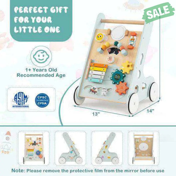 Wooden Baby Walker Push and Pull Learning Activity Center with Wheels for Toddlers 1+ Years Old-Green