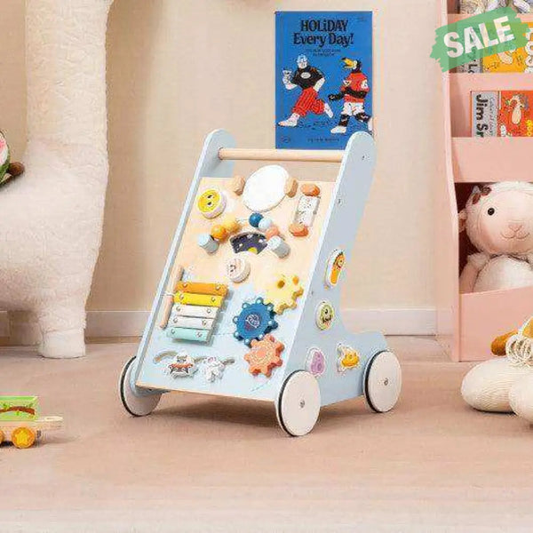 Wooden Baby Walker Push and Pull Learning Activity Center with Wheels for Toddlers 1+ Years Old-Blue