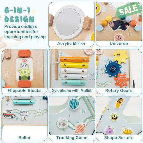 Wooden Baby Walker Push and Pull Learning Activity Center with Wheels for Toddlers 1+ Years Old-Green