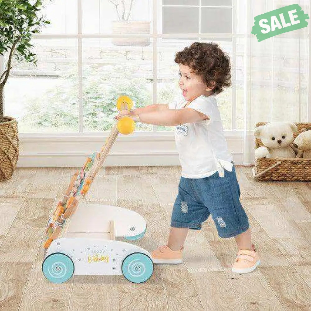 Wooden Baby Walker with Adjustable Heights and Smooth Wheels-White