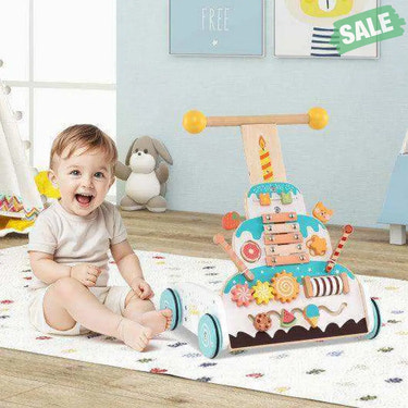 Wooden Baby Walker with Adjustable Heights and Smooth Wheels-White