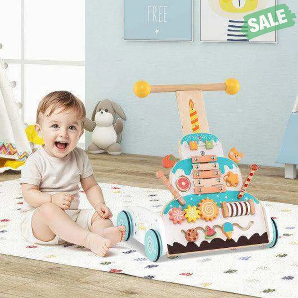 Wooden Baby Walker with Adjustable Heights and Smooth Wheels-White