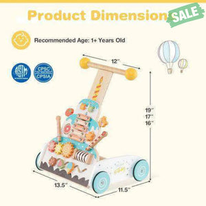 Wooden Baby Walker with Adjustable Heights and Smooth Wheels-White