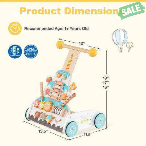 Wooden Baby Walker with Adjustable Heights and Smooth Wheels-White