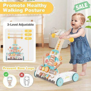 Wooden Baby Walker with Adjustable Heights and Smooth Wheels-White
