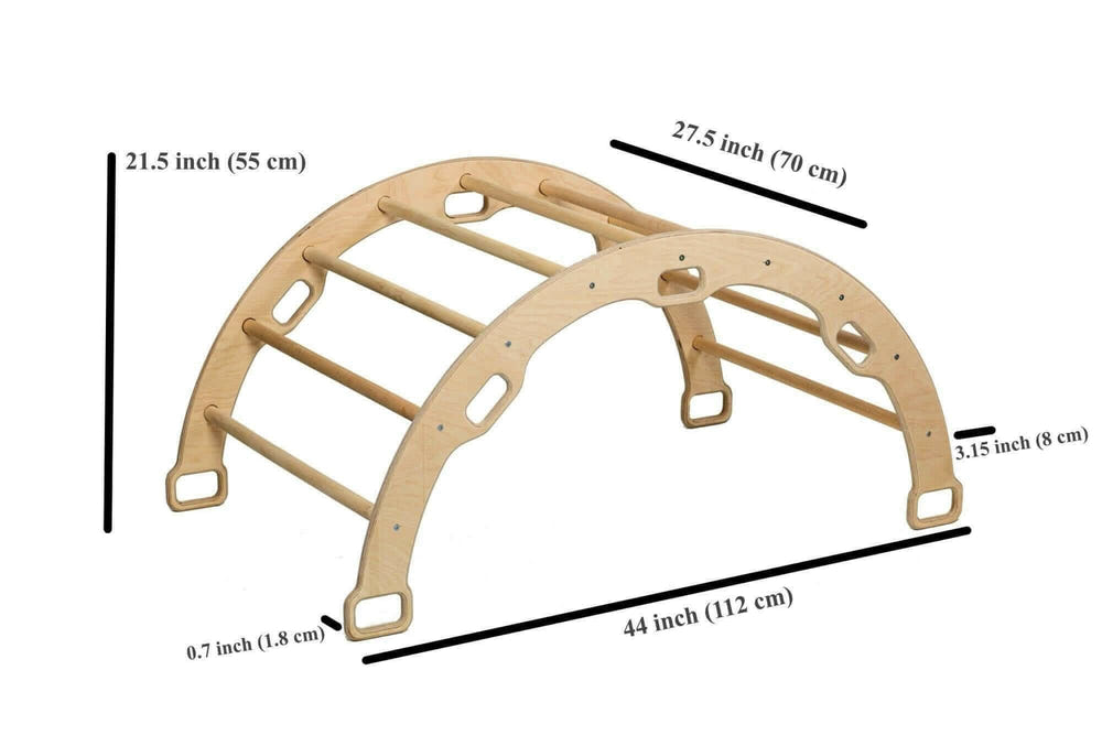 Wooden climbing arch rocker with ramps for babies, promoting active play and motor skills development.