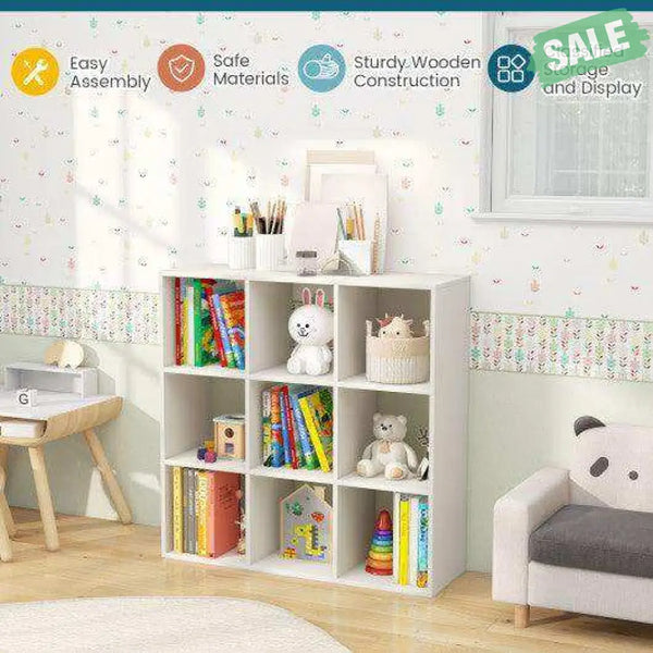 Wooden Kids Bookcase with Storage Cubbies and Anti-toppling Devices-White White Kids Storage