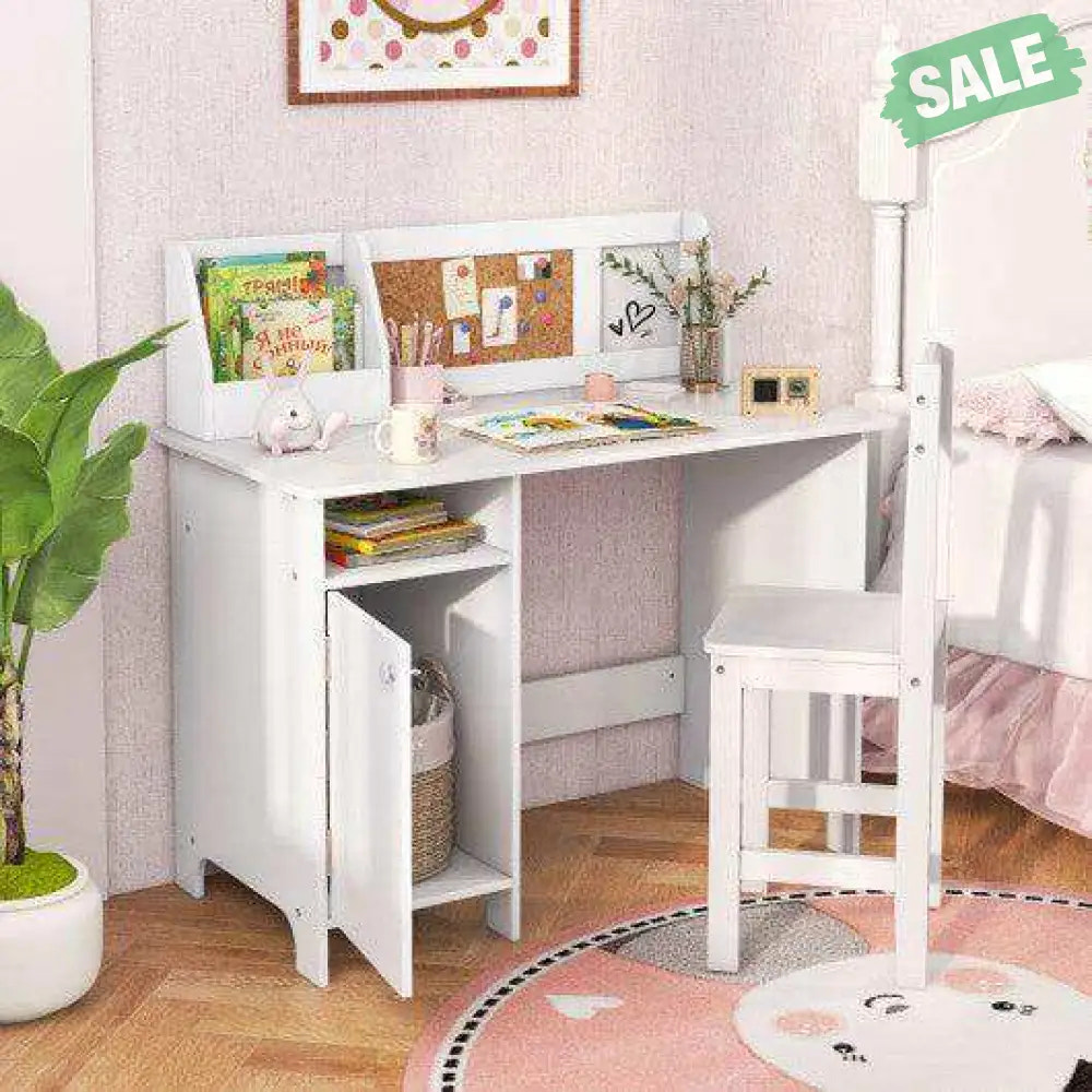 Wooden Kids Study Desk and Chair Set with Storage Cabinet and Bulletin Board-White Kids Table & Chair Sets