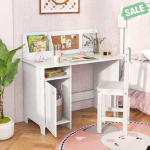 Wooden Kids Study Desk and Chair Set with Storage Cabinet and Bulletin Board-White Kids Table & Chair Sets