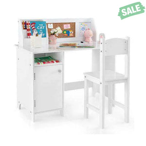 Wooden Kids Study Desk and Chair Set with Storage Cabinet and Bulletin Board-White Kids Table & Chair Sets