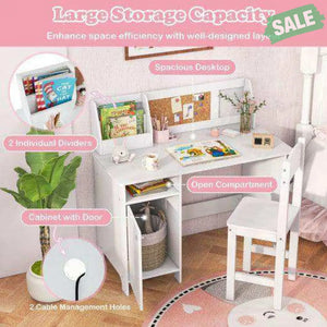 Wooden Kids Study Desk and Chair Set with Storage Cabinet and Bulletin Board-White Kids Table & Chair Sets