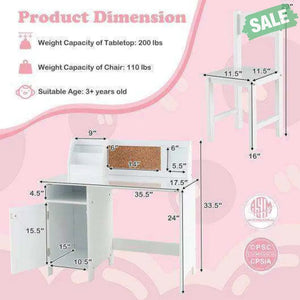 Wooden Kids Study Desk and Chair Set with Storage Cabinet and Bulletin Board-White Kids Table & Chair Sets