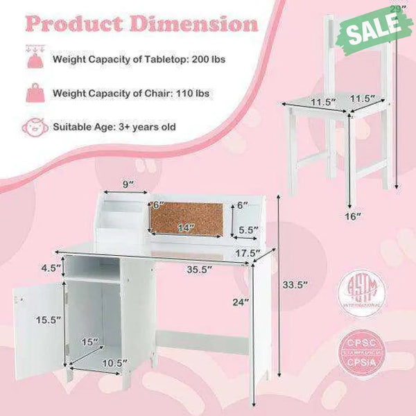 Wooden Kids Study Desk and Chair Set with Storage Cabinet and Bulletin Board-White Kids Table & Chair Sets