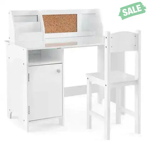 Wooden Kids Study Desk and Chair Set with Storage Cabinet and Bulletin Board-White Kids Table & Chair Sets