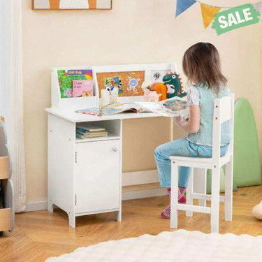 Wooden Kids Study Desk and Chair Set with Storage Cabinet and Bulletin Board-White Kids Table & Chair Sets
