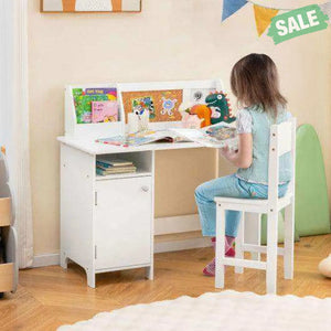 Wooden Kids Study Desk and Chair Set with Storage Cabinet and Bulletin Board-White Kids Table & Chair Sets