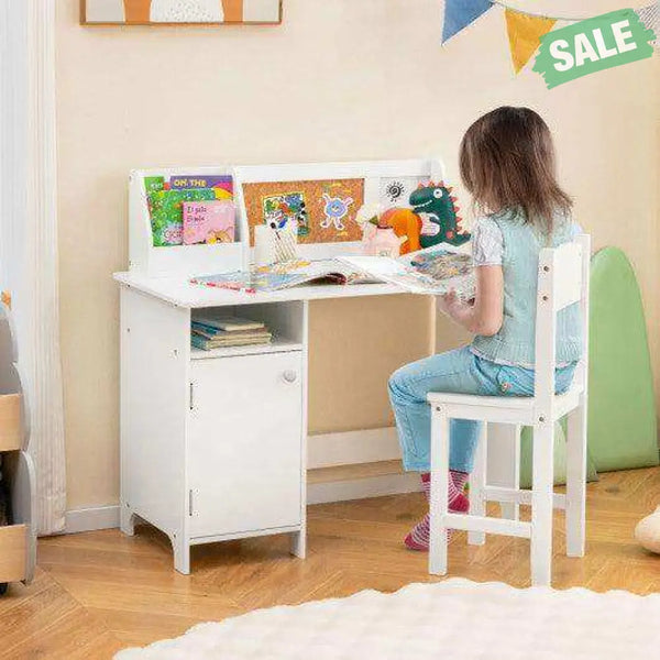 Wooden Kids Study Desk and Chair Set with Storage Cabinet and Bulletin Board-White Kids Table & Chair Sets