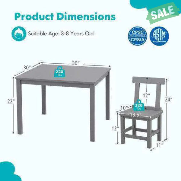 Wooden Kids Table and 2 Chairs Set with Anti-slip Foot Pads-Gray Kids Table & Chair Sets
