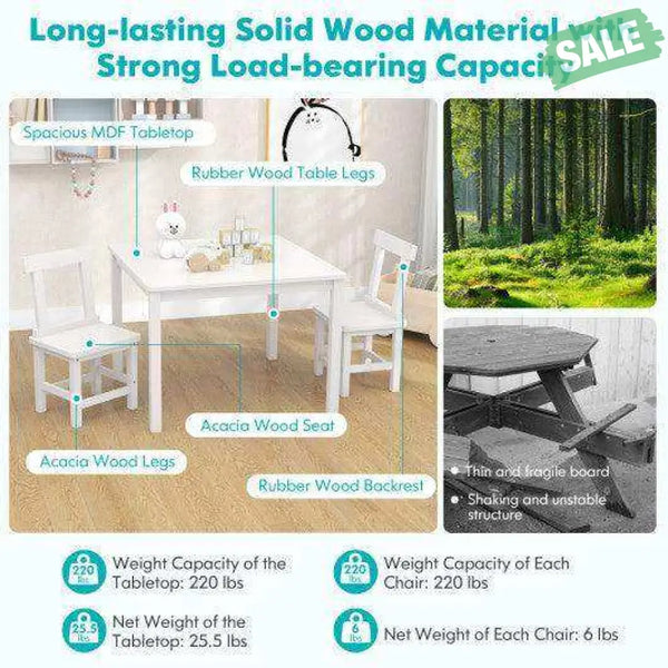 Wooden Kids Table and 2 Chairs Set with Anti-slip Foot Pads-Gray White Kids Table & Chair Sets