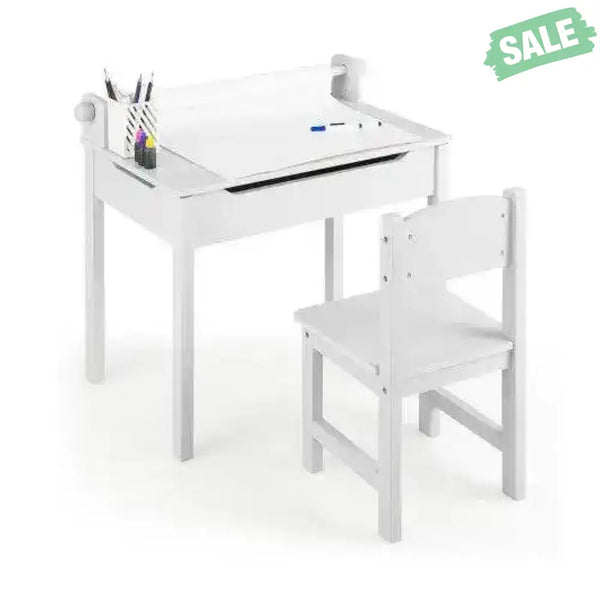 Wooden Kids Table and Chair Set with Storage and Paper Roll Holder-Gray Kids Table & Chair Sets