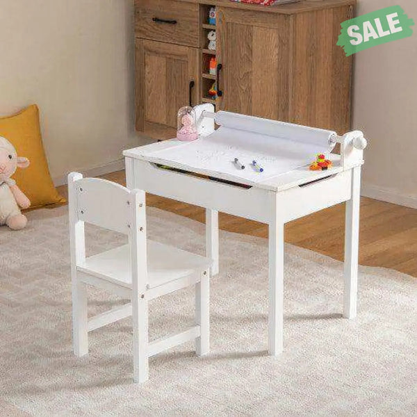 Wooden Kids Table and Chair Set with Storage and Paper Roll Holder-Gray Kids Table & Chair Sets