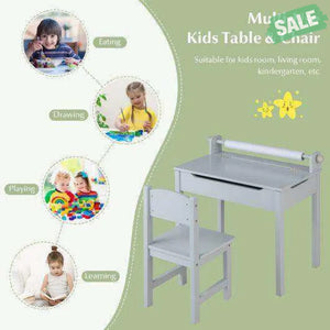 Wooden Kids Table and Chair Set with Storage and Paper Roll Holder-Gray Kids Table & Chair Sets