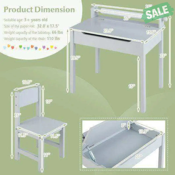 Wooden Kids Table and Chair Set with Storage and Paper Roll Holder-Gray Kids Table & Chair Sets