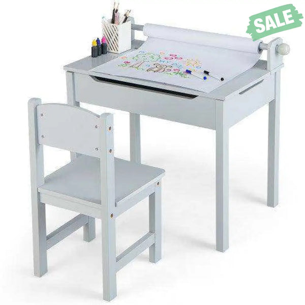 Wooden Kids Table and Chair Set with Storage and Paper Roll Holder-Gray Kids Table & Chair Sets