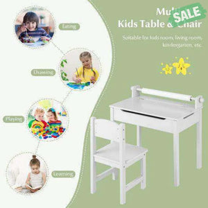 Wooden Kids Table and Chair Set with Storage and Paper Roll Holder-Gray Kids Table & Chair Sets
