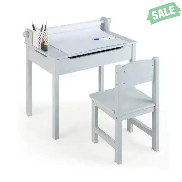 Wooden Kids Table and Chair Set with Storage and Paper Roll Holder-Gray Kids Table & Chair Sets