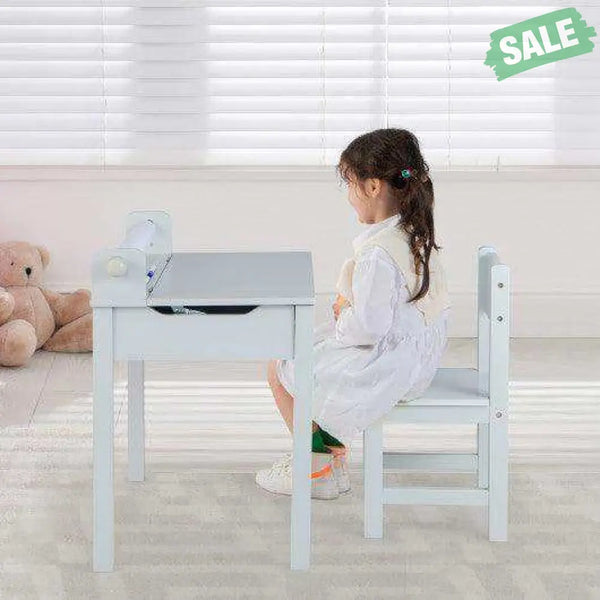 Wooden Kids Table and Chair Set with Storage and Paper Roll Holder-Gray Kids Table & Chair Sets