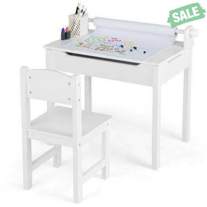 Wooden Kids Table and Chair Set with Storage and Paper Roll Holder-Gray Kids Table & Chair Sets