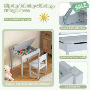 Wooden Kids Table and Chair Set with Storage and Paper Roll Holder-Gray Gray Kids Table & Chair Sets