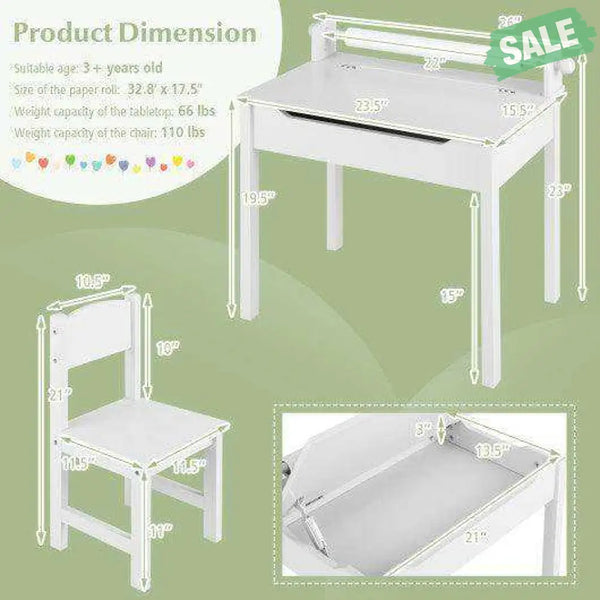Wooden Kids Table and Chair Set with Storage and Paper Roll Holder-Gray Kids Table & Chair Sets