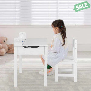 Wooden Kids Table and Chair Set with Storage and Paper Roll Holder-Gray Kids Table & Chair Sets