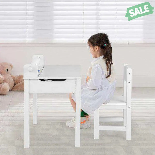 Wooden Kids Table and Chair Set with Storage and Paper Roll Holder-Gray Kids Table & Chair Sets