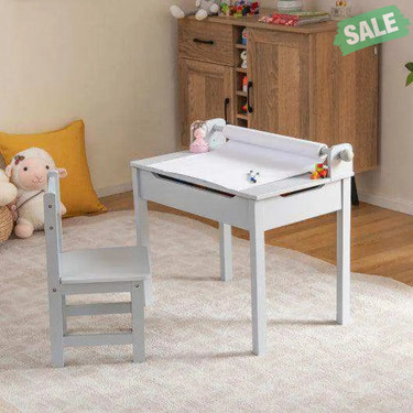 Wooden Kids Table and Chair Set with Storage and Paper Roll Holder-Gray Kids Table & Chair Sets