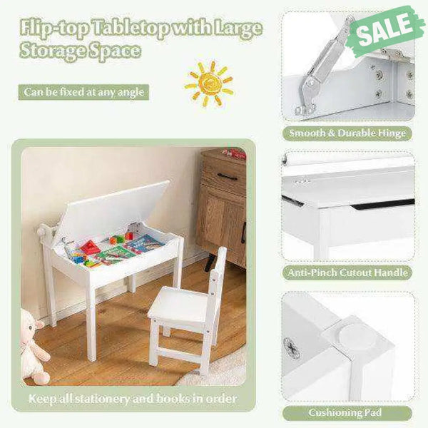 Wooden Kids Table and Chair Set with Storage and Paper Roll Holder-Gray White Kids Table & Chair Sets