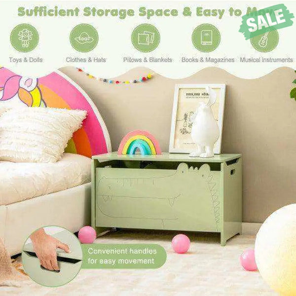 Wooden Kids Toy Box with Safety Hinge-Green Kids Storage