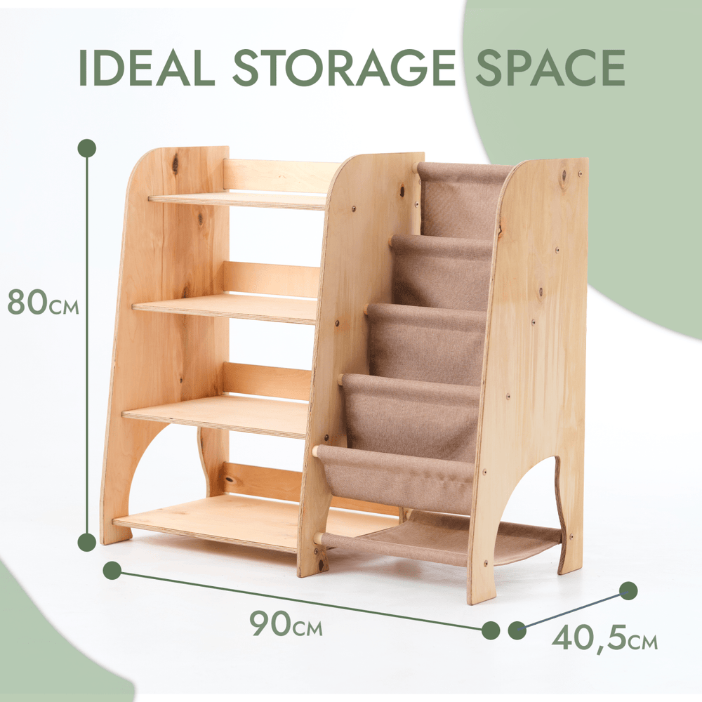 Wooden Montessori 2-in-1 shelves for toddlers, perfect for books and toys in a cozy bedding and sleep environment.