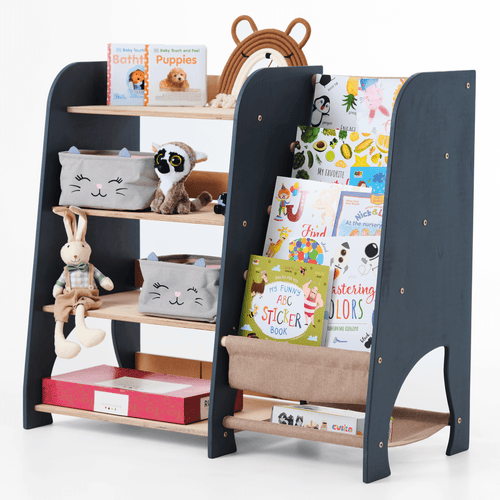 Wooden Montessori 2-in-1 shelves for toddlers, perfect for books and toys in a cozy bedding and sleep environment.