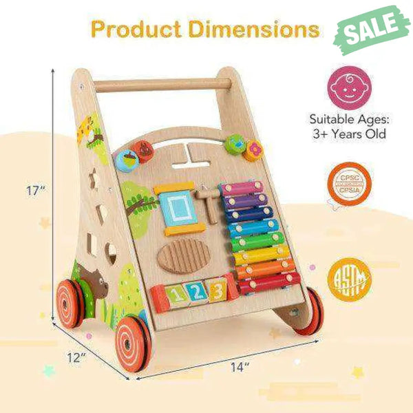 Wooden Push and Pull Baby Walker with Handle and Storage-Natural Baby Walkers