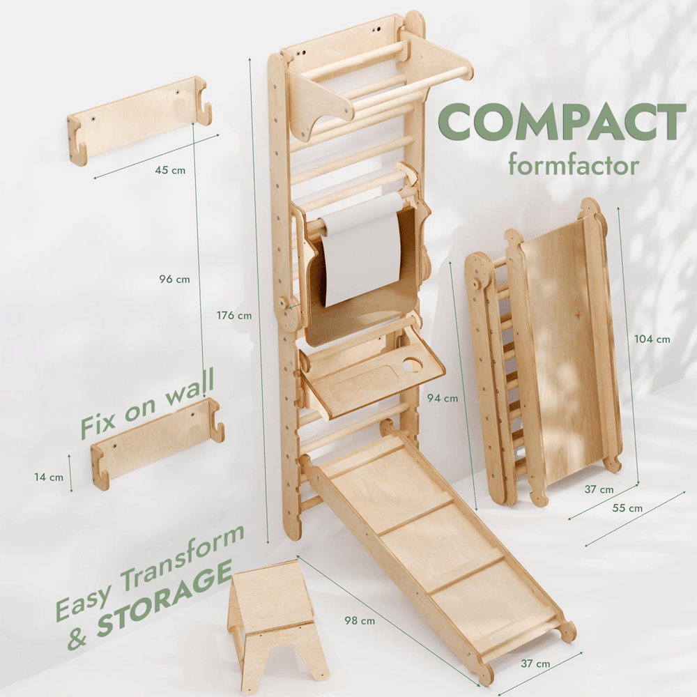 Wooden Swedish wall with climbing ladder, swing set, slide board, and art add-on for children’s playroom.