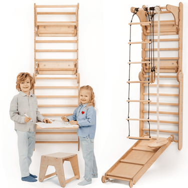 Wooden Swedish wall with climbing ladder, swing set, slide board, and art add-on for children’s playroom.